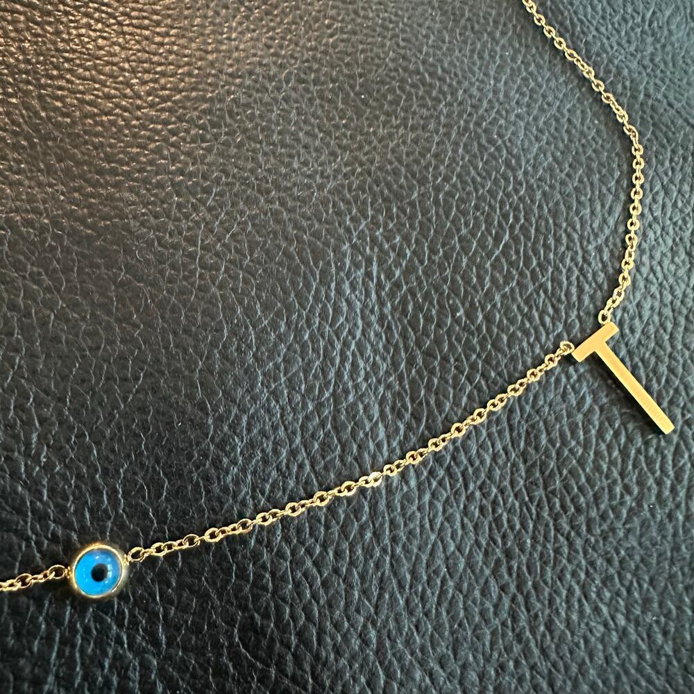 Evil Eye “T” Initial Gold Tone w/turquoise Accent Necklace